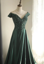 Elegant Dark Green A-Line Off-Shoulder Sequined Satin Long Prom Dresses Evening Dresses
