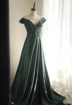 Elegant Dark Green A-Line Off-Shoulder Sequined Satin Long Prom Dresses Evening Dresses