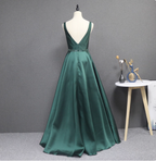 Elegant Dark Green A-Line Sleeveless Rhinestone Satin Long Prom Dresses Evening Dresses