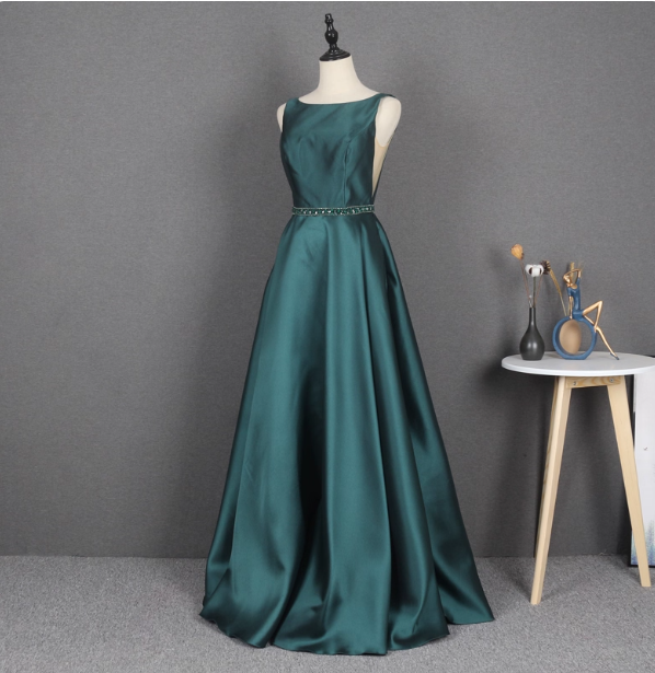 Elegant Dark Green A-Line Sleeveless Rhinestone Satin Long Prom Dresses Evening Dresses Main image