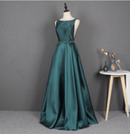 Elegant Dark Green A-Line Sleeveless Rhinestone Satin Long Prom Dresses Evening Dresses