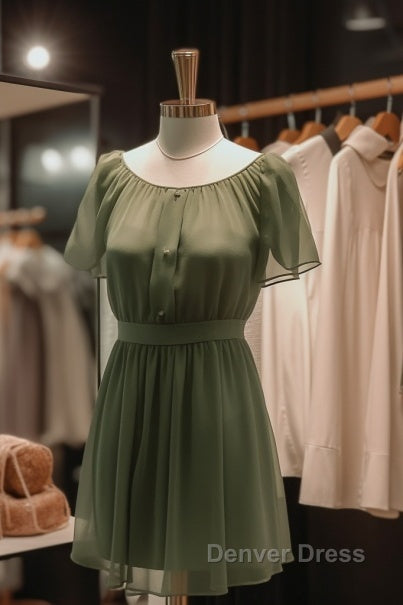 Elegant Dark Green Jewel Short Bridesmaid Dresses With Flowy Chiffon Sleeves Secondary image