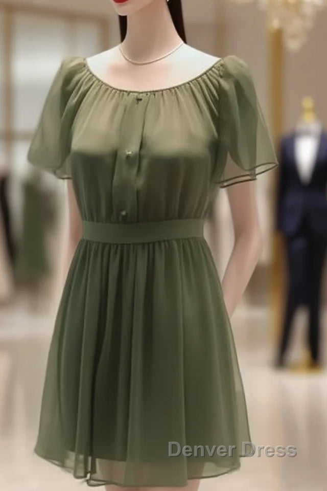 Elegant Dark Green Jewel Short Bridesmaid Dresses With Flowy Chiffon Sleeves Main image