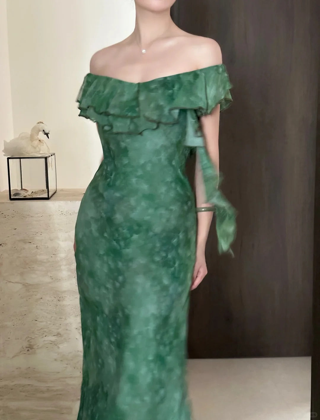 Elegant Dark Green Mermaid Ruffled Chiffon Long Prom Dresses Evening Dresses