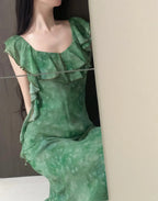 Elegant Dark Green Mermaid Ruffled Chiffon Long Prom Dresses Evening Dresses