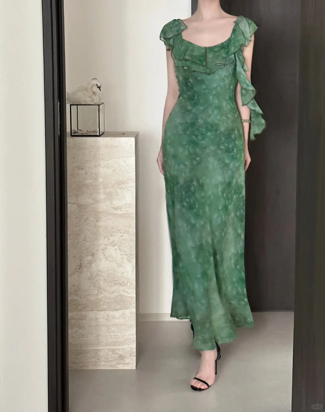 Elegant Dark Green Mermaid Ruffled Chiffon Long Prom Dresses Evening Dresses