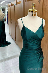 Elegant Dark Green Mermaid Spaghetti Strap Satin Long Prom Dress