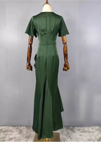 Elegant Dark Green Ruffled V-Neck Asymmetrical Hem Satin Prom Dresses Evening Dresses