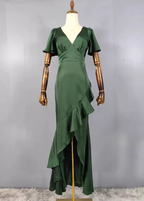 Elegant Dark Green Ruffled V-Neck Asymmetrical Hem Satin Prom Dresses Evening Dresses