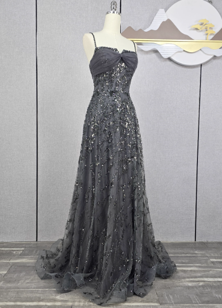 Elegant Dark Grey A-Line Spaghetti Strap Sequin Tulle Long Prom Dresses Evening Dresses Secondary image