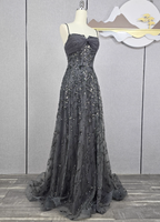 Elegant Dark Grey A-Line Spaghetti Strap Sequin Tulle Long Prom Dresses Evening Dresses