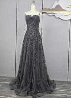 Elegant Dark Grey A-Line Spaghetti Strap Sequin Tulle Long Prom Dresses Evening Dresses