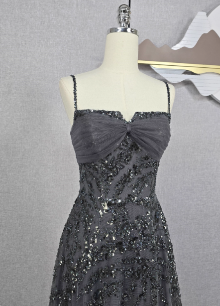 Elegant Dark Grey A-Line Spaghetti Strap Sequin Tulle Long Prom Dresses Evening Dresses