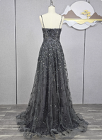 Elegant Dark Grey A-Line Spaghetti Strap Sequin Tulle Long Prom Dresses Evening Dresses