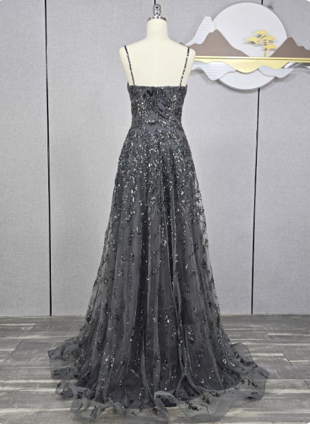 Elegant Dark Grey A-Line Spaghetti Strap Sequin Tulle Long Prom Dresses Evening Dresses