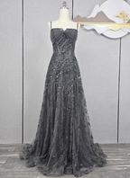 Elegant Dark Grey A-Line Spaghetti Strap Sequin Tulle Long Prom Dresses Evening Dresses