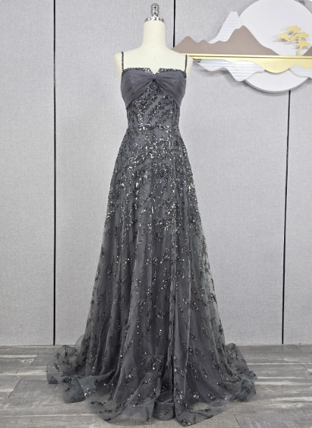 Elegant Dark Grey A-Line Spaghetti Strap Sequin Tulle Long Prom Dresses Evening Dresses