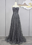 Elegant Dark Grey A-Line Spaghetti Strap Sequin Tulle Long Prom Dresses Evening Dresses