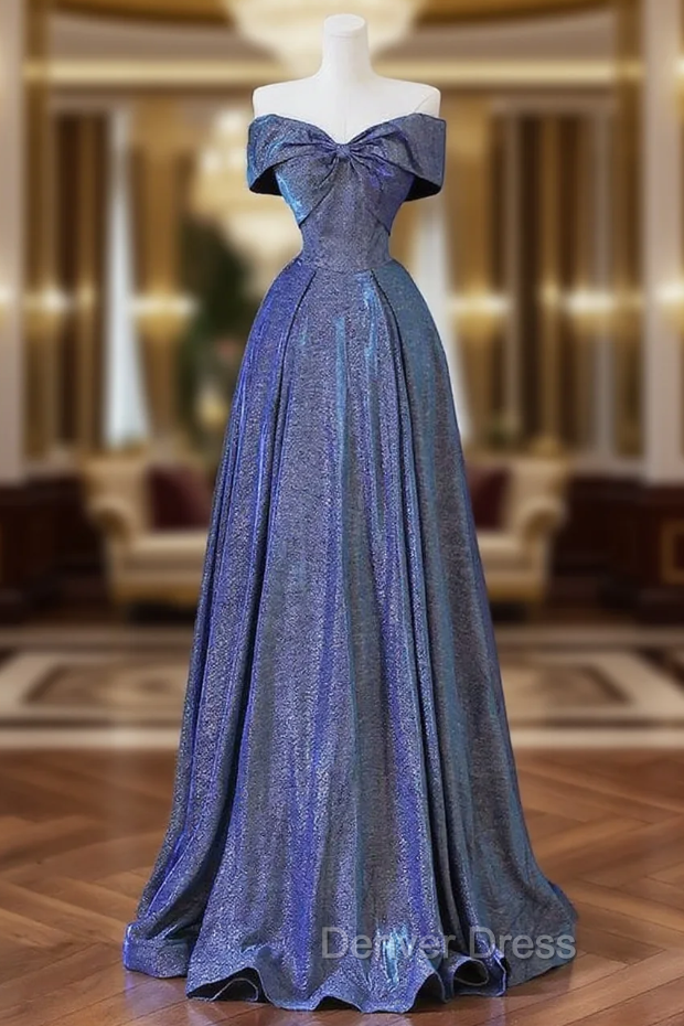 Elegant Deep Blue Bow-neck Pleated Prom Dresses Main image