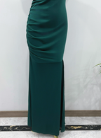 Elegant Deep Emerald Green Mermaid One-Shoulder Ruffled Slit Satin Long Prom Dresses Evening Dresses