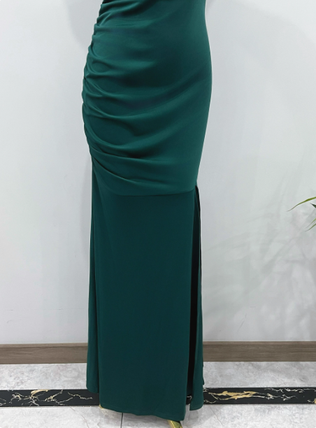 Elegant Deep Emerald Green Mermaid One-Shoulder Ruffled Slit Satin Long Prom Dresses Evening Dresses