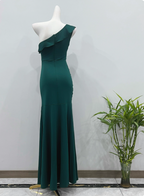 Elegant Deep Emerald Green Mermaid One-Shoulder Ruffled Slit Satin Long Prom Dresses Evening Dresses