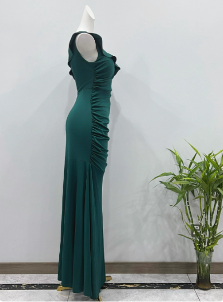 Elegant Deep Emerald Green Mermaid One-Shoulder Ruffled Slit Satin Long Prom Dresses Evening Dresses
