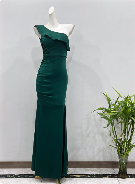 Elegant Deep Emerald Green Mermaid One-Shoulder Ruffled Slit Satin Long Prom Dresses Evening Dresses