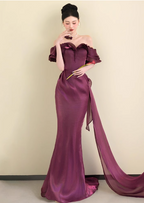 Elegant Deep Fuchsia Mermaid Off-The-Shoulder Ruffled Satin Long Prom Dresses Evening Dresses