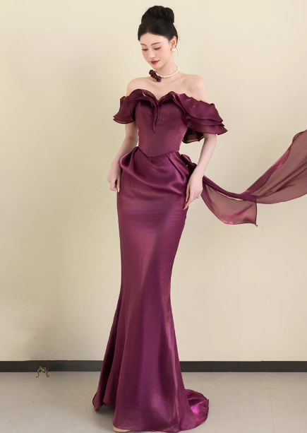 Elegant Deep Fuchsia Mermaid Off-The-Shoulder Ruffled Satin Long Prom Dresses Evening Dresses