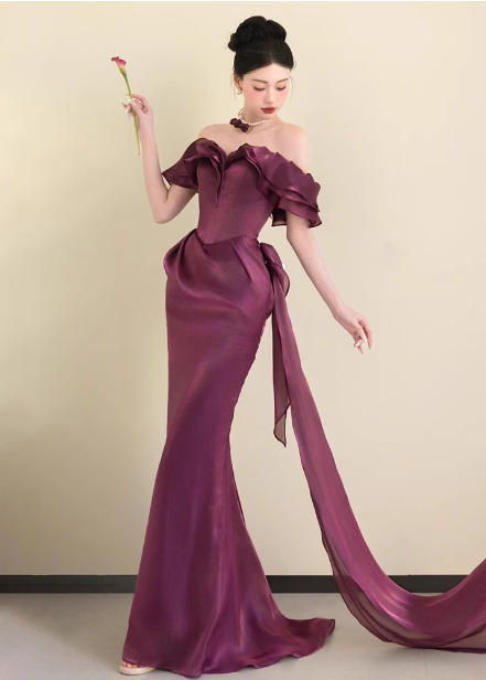 Elegant Deep Fuchsia Mermaid Off-The-Shoulder Ruffled Satin Long Prom Dresses Evening Dresses