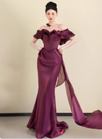 Elegant Deep Fuchsia Mermaid Off-The-Shoulder Ruffled Satin Long Prom Dresses Evening Dresses