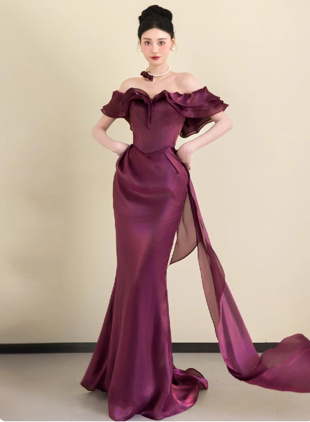 Elegant Deep Fuchsia Mermaid Off-The-Shoulder Ruffled Satin Long Prom Dresses Evening Dresses