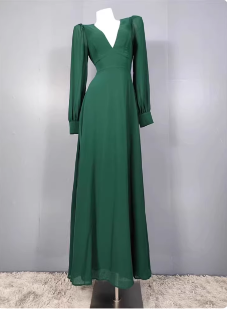 Elegant Deep Green A-Line V-Neck Long-Sleeved Backless Chiffon Long Prom Dresses Evening Dresses Secondary image