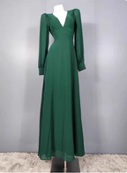 Elegant Deep Green A-Line V-Neck Long-Sleeved Backless Chiffon Long Prom Dresses Evening Dresses
