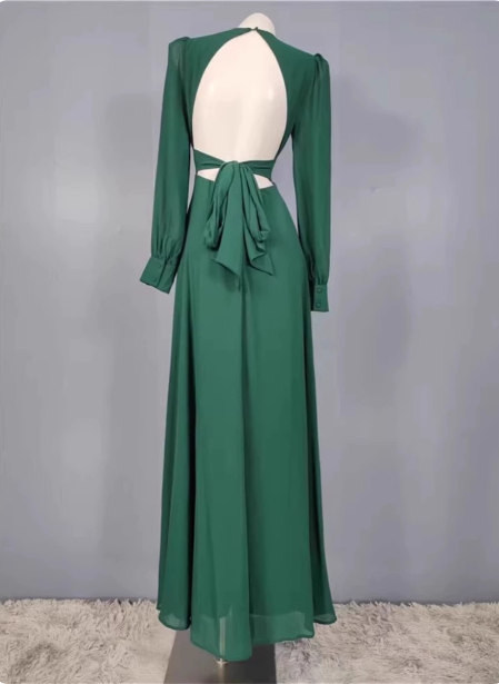 Elegant Deep Green A-Line V-Neck Long-Sleeved Backless Chiffon Long Prom Dresses Evening Dresses