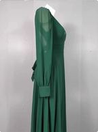 Elegant Deep Green A-Line V-Neck Long-Sleeved Backless Chiffon Long Prom Dresses Evening Dresses