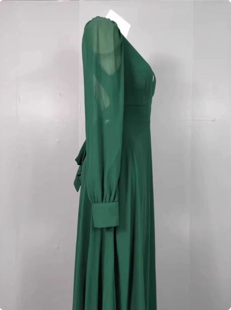 Elegant Deep Green A-Line V-Neck Long-Sleeved Backless Chiffon Long Prom Dresses Evening Dresses