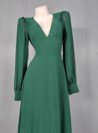 Elegant Deep Green A-Line V-Neck Long-Sleeved Backless Chiffon Long Prom Dresses Evening Dresses