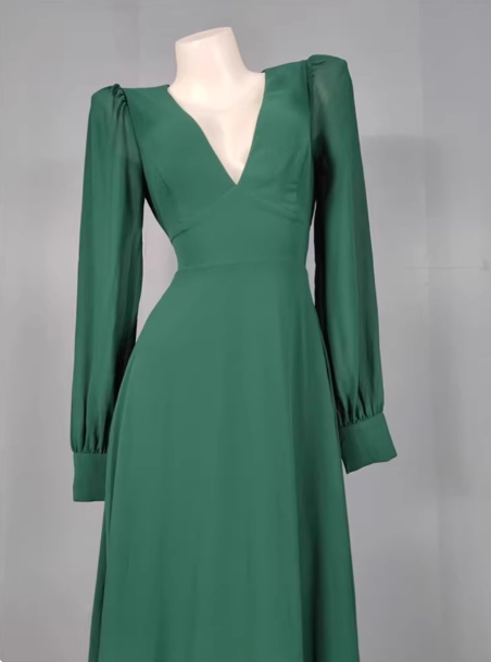 Elegant Deep Green A-Line V-Neck Long-Sleeved Backless Chiffon Long Prom Dresses Evening Dresses