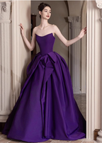 Elegant Deep Purple A-Line Strapless Satin Long Prom Dresses Evening Dresses