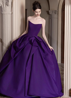 Elegant Deep Purple A-Line Strapless Satin Long Prom Dresses Evening Dresses