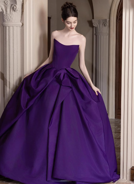 Elegant Deep Purple A-Line Strapless Satin Long Prom Dresses Evening Dresses