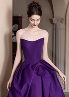 Elegant Deep Purple A-Line Strapless Satin Long Prom Dresses Evening Dresses
