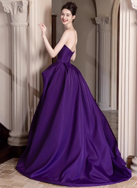 Elegant Deep Purple A-Line Strapless Satin Long Prom Dresses Evening Dresses