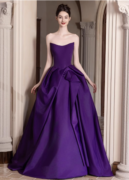 Elegant Deep Purple A-Line Strapless Satin Long Prom Dresses Evening Dresses Main image