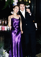 Elegant Deep Purple Spaghetti Strap Cross Backless Satin Long Prom Dresses Evening Dresses