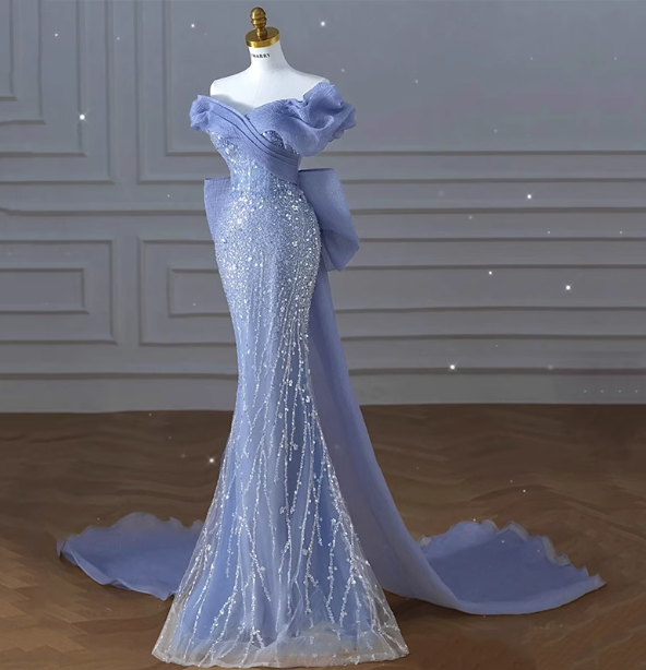Elegant Dreamy Blue Mermaid Off-The-Shoulder Bow Sequined Tulle Train Prom Dresses Evening Dresses Secondary image