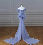 Elegant Dreamy Blue Mermaid Off-The-Shoulder Bow Sequined Tulle Train Prom Dresses Evening Dresses