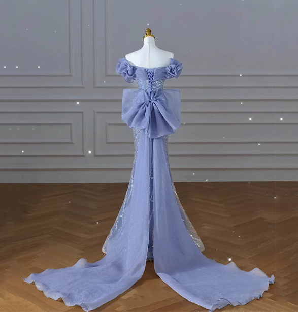 Elegant Dreamy Blue Mermaid Off-The-Shoulder Bow Sequined Tulle Train Prom Dresses Evening Dresses